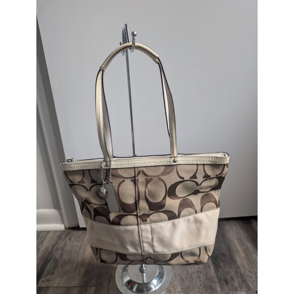 Coach Handbags - COACH Ivory Beige Signature Jacquard Striped Canvas Tote Bag Purse - F13548